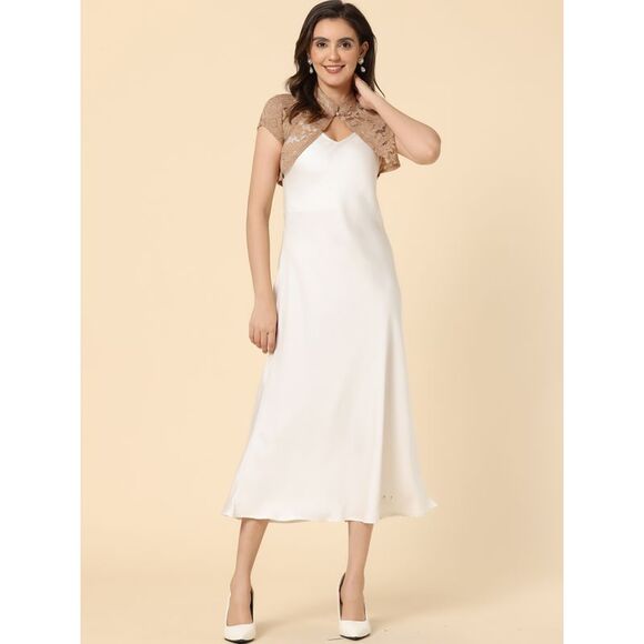 Lace Cardigan Stand Collar Short Sleeve Shrug Khaki - Picture 3 of 5